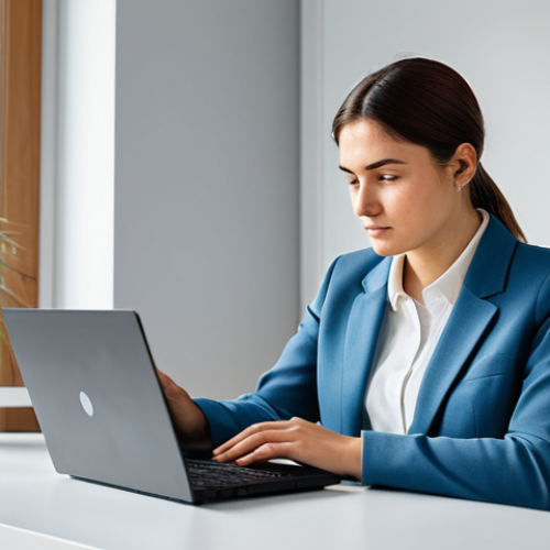 Home 6 A professional woman in a modest business blazer and trousers, fully clothed, sitting at a clean, modern desk in a bright home office. She is focused on a laptop screen, which displays a simple, clear task, symbolizing the very first "baby step" of a larger project. Her posture is natural, and her expression shows quiet determination and readiness to begin. The lighting is soft and natural, emphasizing a positive and encouraging atmosphere. Professional photography, high-resolution, sharp focus, perfect anatomy, correct proportions, natural pose, well-formed hands, proper finger count, natural body proportions, safe for work, appropriate content, family-friendly.