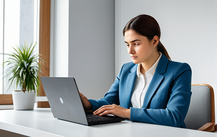 A professional woman in a modest business blazer and trousers, fully clothed, sitting at a clean, modern desk in a bright home office. She is focused on a laptop screen, which displays a simple, clear task, symbolizing the very first "baby step" of a larger project. Her posture is natural, and her expression shows quiet determination and readiness to begin. The lighting is soft and natural, emphasizing a positive and encouraging atmosphere. Professional photography, high-resolution, sharp focus, perfect anatomy, correct proportions, natural pose, well-formed hands, proper finger count, natural body proportions, safe for work, appropriate content, family-friendly.