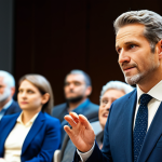 Home 6 A professional male speaker, fully clothed in a modest business suit, stands confidently on a stage in a well-lit, modern conference hall. He is engaging with a diverse audience of professional individuals, who are seated and listening attentively. His natural pose and appropriate attire convey professionalism. The background shows rows of audience members with neutral expressions. perfect anatomy, correct proportions, well-formed hands, proper finger count, natural body proportions, professional photography, high resolution, clear focus, vibrant colors, safe for work, appropriate content, fully clothed, professional, modest, family-friendly.