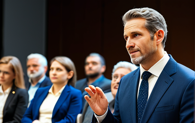 A professional male speaker, fully clothed in a modest business suit, stands confidently on a stage in a well-lit, modern conference hall. He is engaging with a diverse audience of professional individuals, who are seated and listening attentively. His natural pose and appropriate attire convey professionalism. The background shows rows of audience members with neutral expressions. perfect anatomy, correct proportions, well-formed hands, proper finger count, natural body proportions, professional photography, high resolution, clear focus, vibrant colors, safe for work, appropriate content, fully clothed, professional, modest, family-friendly.