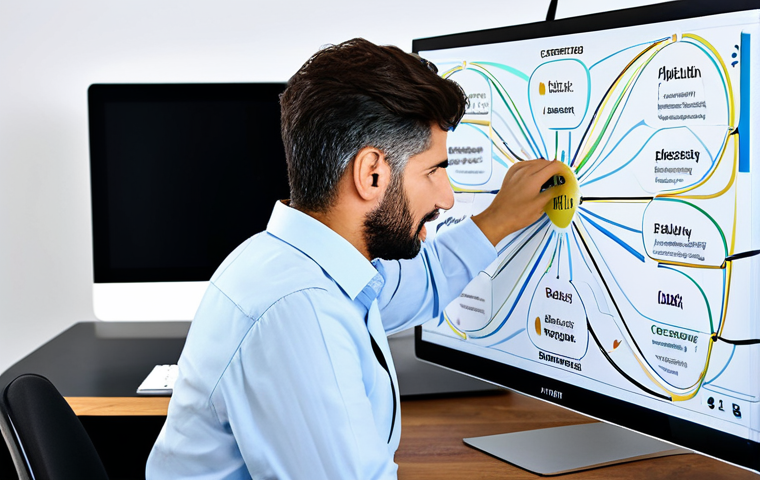 아이디어 생성 과정의 디지털화 및 혁신 - **Digital Mind Map:** A professional Italian graphic designer, fully clothed in stylish, modest work...