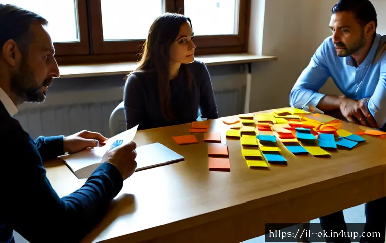 아이디어 생성과 인지적 편향 극복하기 - Photorealistic Italian creative workshop scene, diverse adult colleagues seated around a light woode...